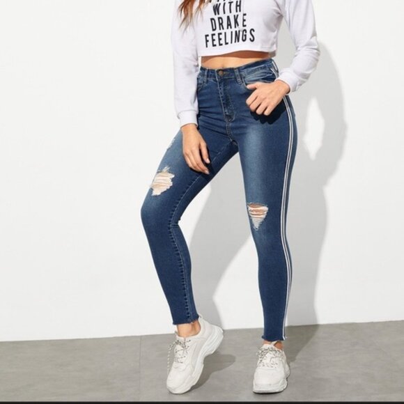 Shein Tuxedo Side Distressed Jeans - Picture 1 of 7
